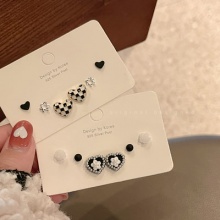 怦然心动棋盘格/花朵爱心耳钉套装