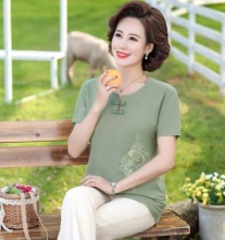 爱博尔 中老年妈妈绣盘扣T恤