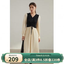 独束 V领针梭拼接连衣裙