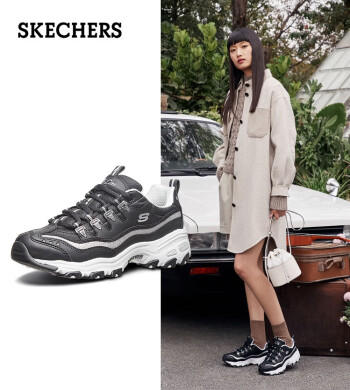 斯凯奇Skechers 女鞋 厚底老爹鞋 熊猫鞋 黑色/银色