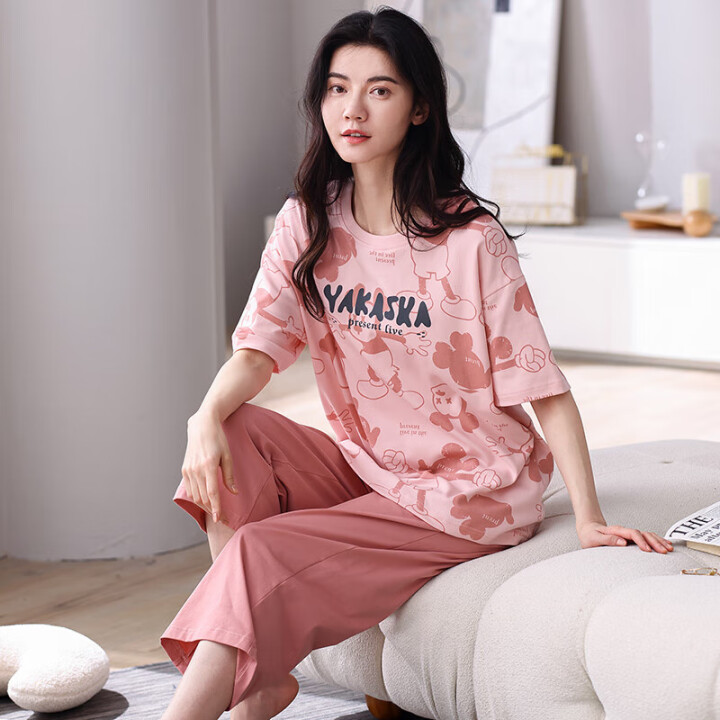 芬腾 女纯棉短袖七分裤家居服套装