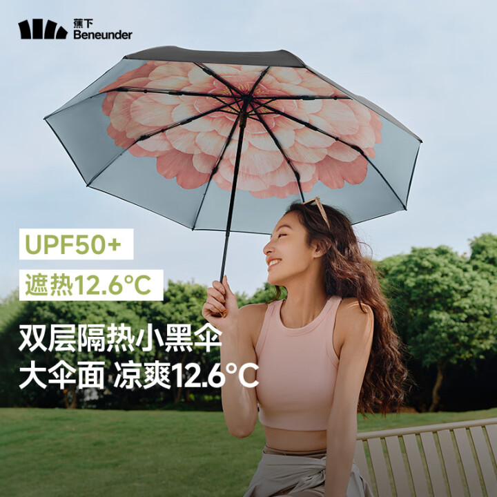 蕉下 经典大花双层隔热三折黑胶防晒伞